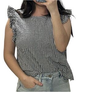 Hannah Boutique Gingham Print Ruffle Short Sleeve Blouse Size Small